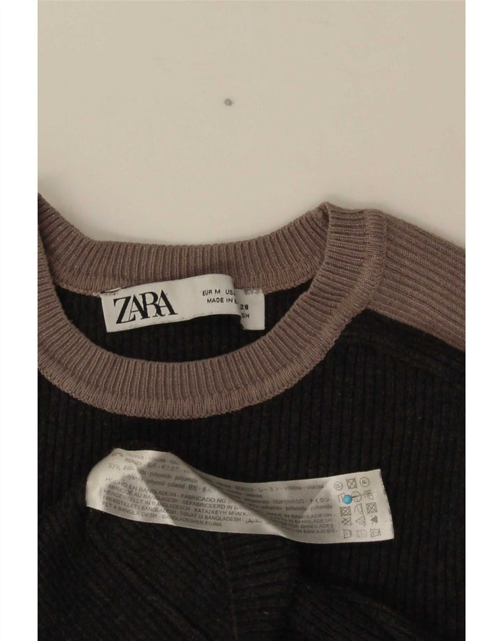 Zara Womens Crop Top Long Sleeve UK 12 Medium Grey Colourblock Viscose