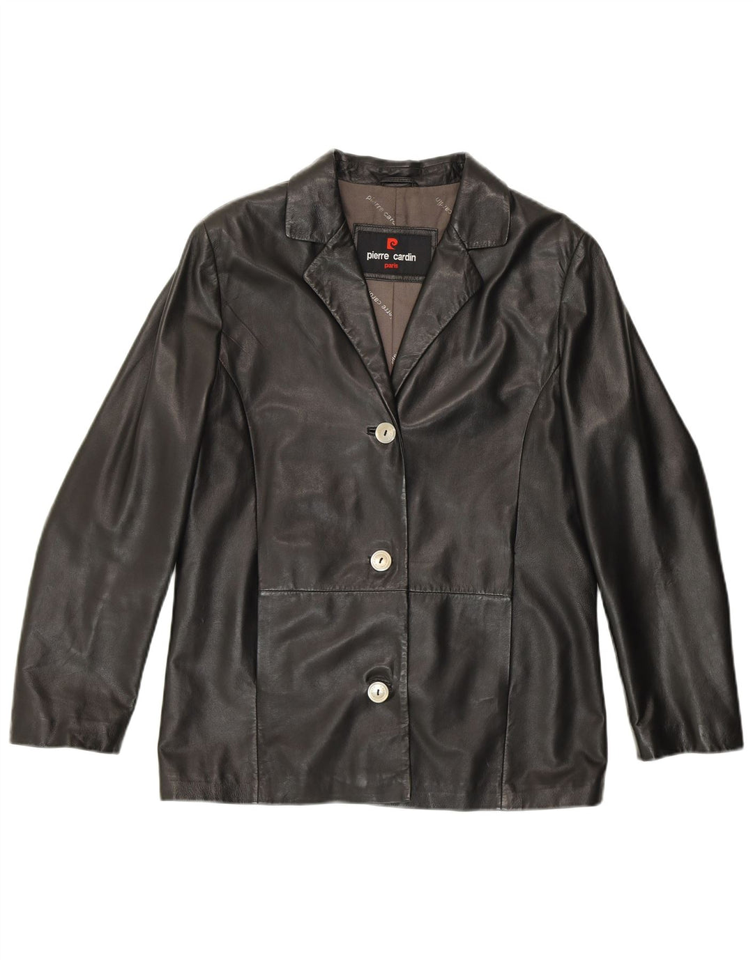 Giacca blazer a 3 bottoni da donna Pierre Cardin UK 14 grande in pelle nera