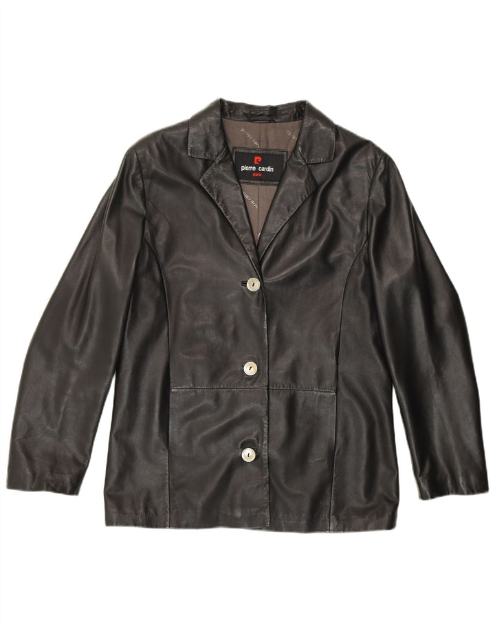 Giacca blazer a 3 bottoni da donna Pierre Cardin UK 14 grande in pelle nera