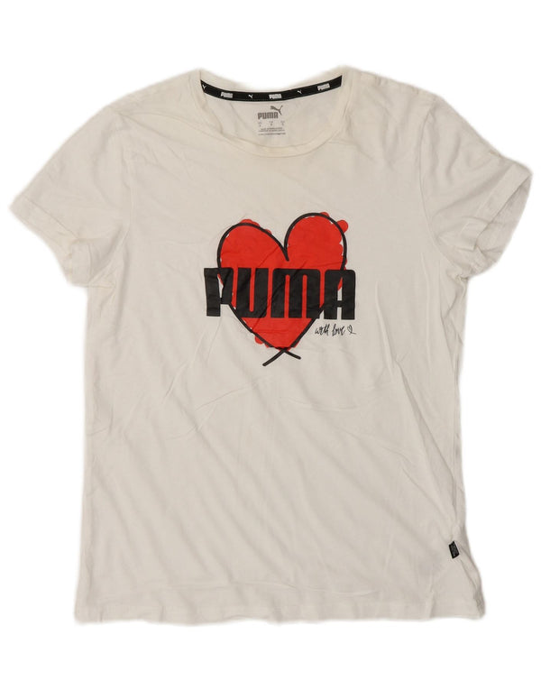 Γυναικείο γραφικό μπλουζάκι Puma Top UK 10 Small λευκό βαμβακερό