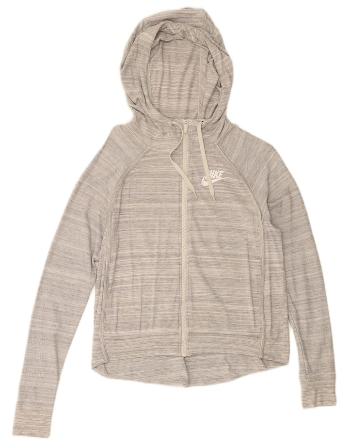 NIKE Womens Zip Hoodie Sweater UK 14 Medium Grey Striped