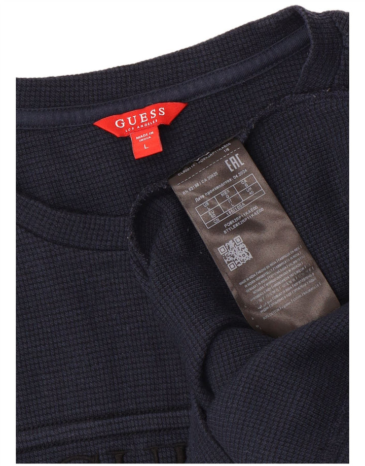 Guess Mens Graphic Top Long Sleeve Large Navy Blue Cotton