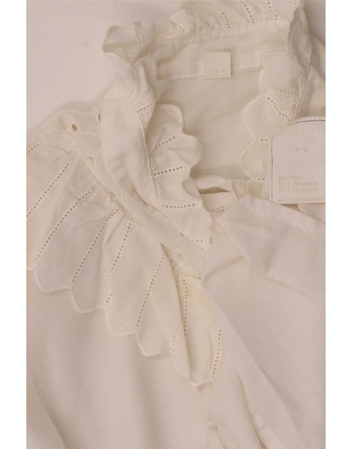 Vintage Womens 3/4 Sleeve Ruffle Front Shirt Blouse UK 12 Medium White
