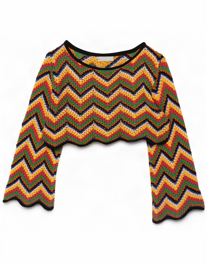 Zara blusa feminina oversized crop top UK 10 pequena Chevron multicolorida