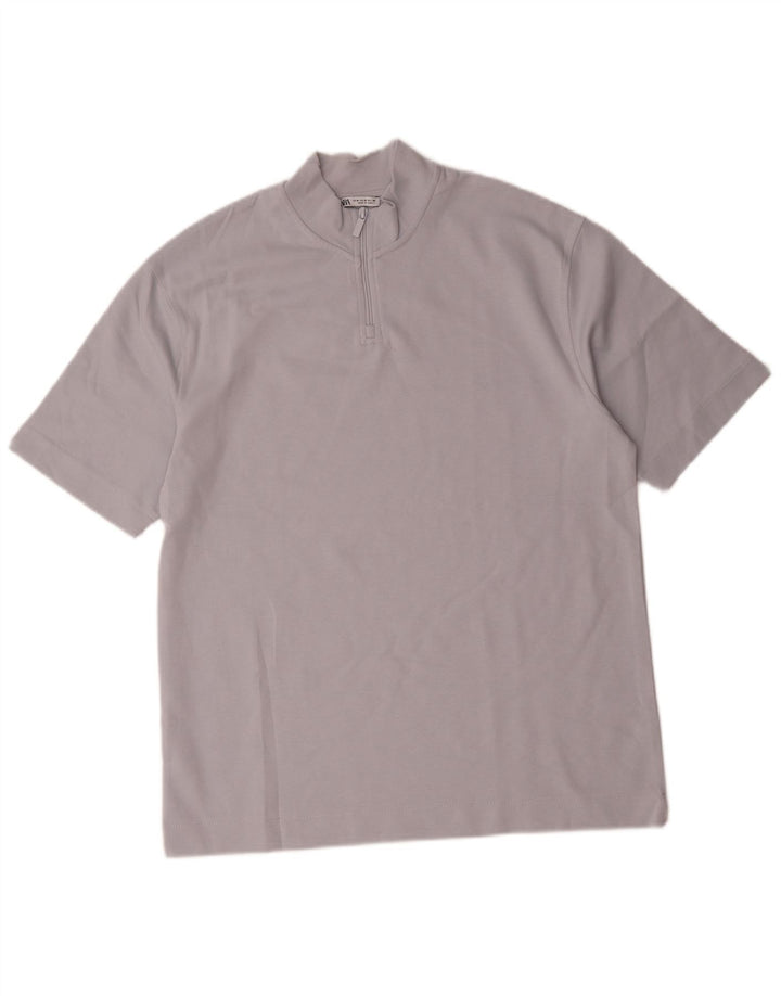 Zara Mens Zip Neck T-Shirt Top Medium Blue Cotton