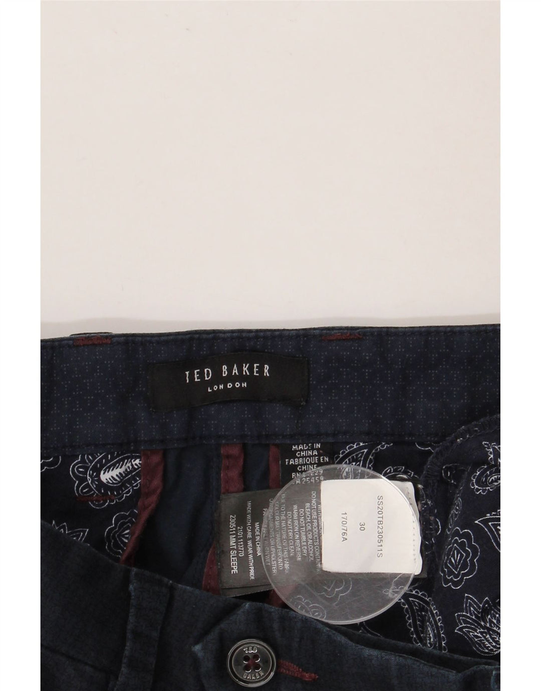 Pantaloni da abito slim da uomo Ted Baker W30 L29 in cotone blu navy