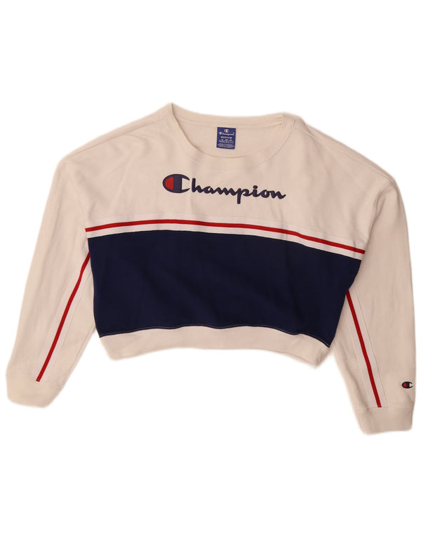 Champion Womens Crop Sweatshirt Jumper UK 14 Medium White Colourblock