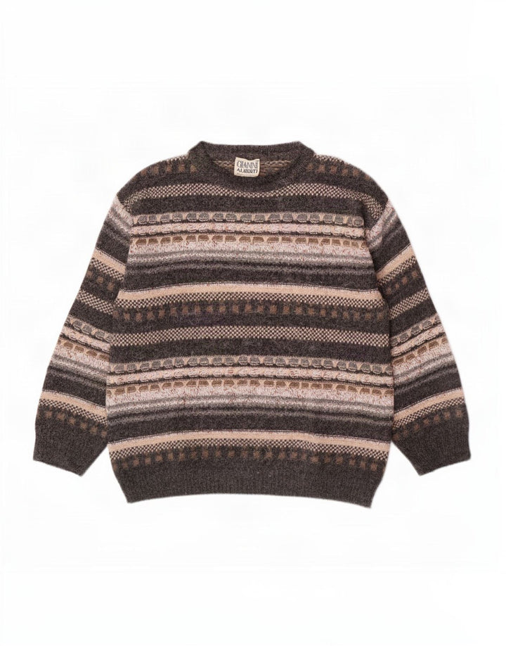 Gianni Alberti Mens Crew Neck Jumper Sweater IT 52 Large Grey Geometric