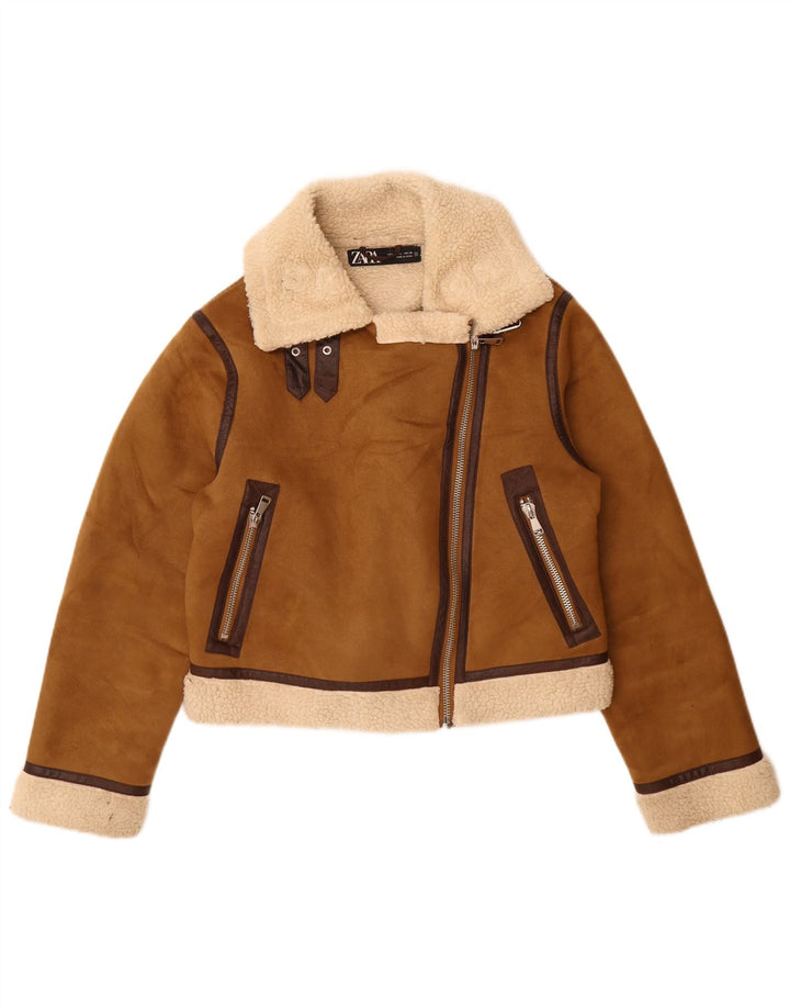 Zara Womens Sherpa Jacket UK 16 Large Brown Polyester