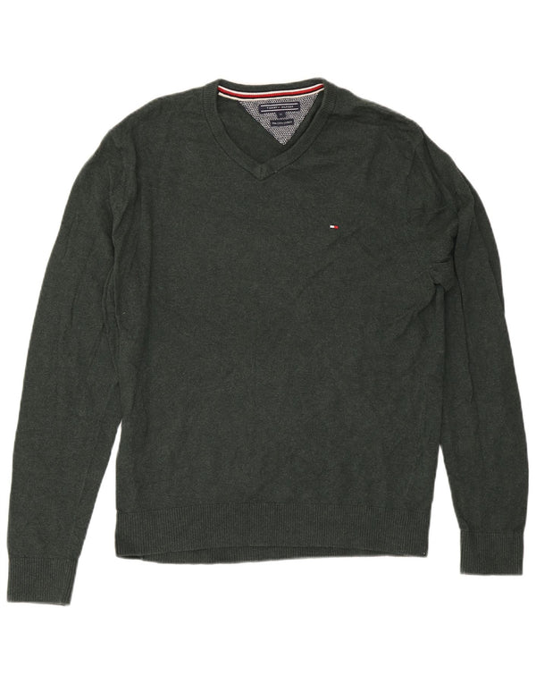 Tommy Hilfiger Mens V-Neck Jumper Sweater XL Green Cotton