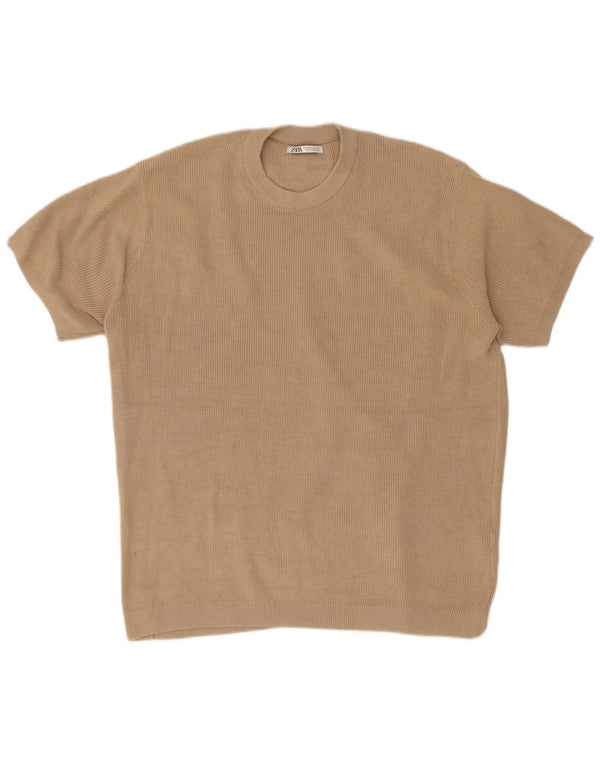 Zara Mens Short Sleeve Crew Neck Jumper Sweater Large Beige Cotton