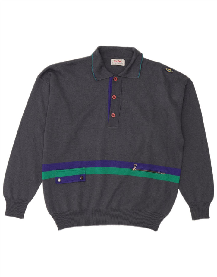 SETTEBELLO Mens Polo Neck Jumper Sweater Large Grey Colourblock Wool