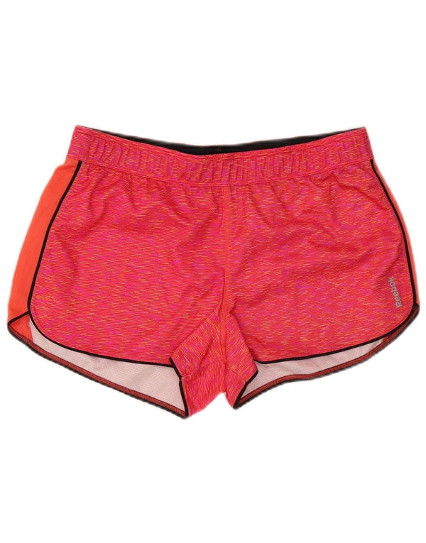 Shorts esportivos femininos Reebok UK 14 grande poliéster manchado rosa