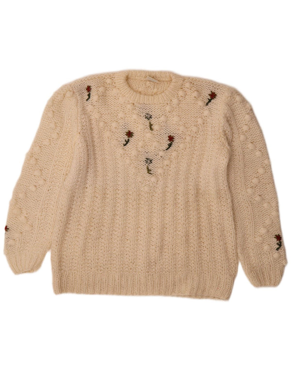 Vintage dame sweater med rund hals DK 14 Medium Off White Floral