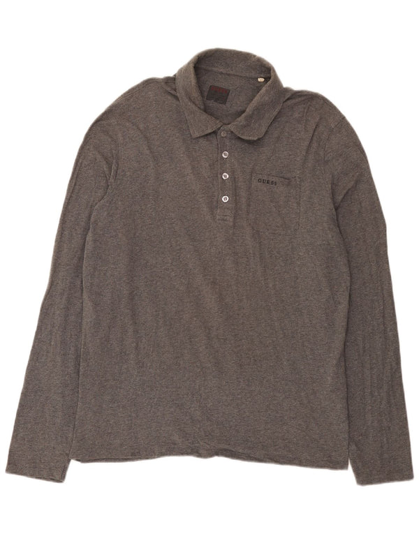 Guess Mens Long Sleeve Polo Shirt Large Grey Cotton