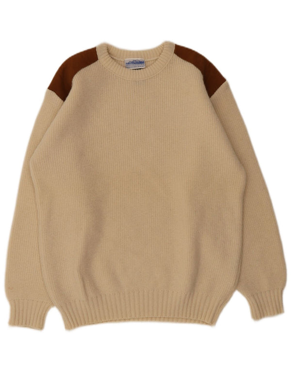 Vintage Mens Crew Neck Jumper Sweater Medium Beige Colourblock Wool