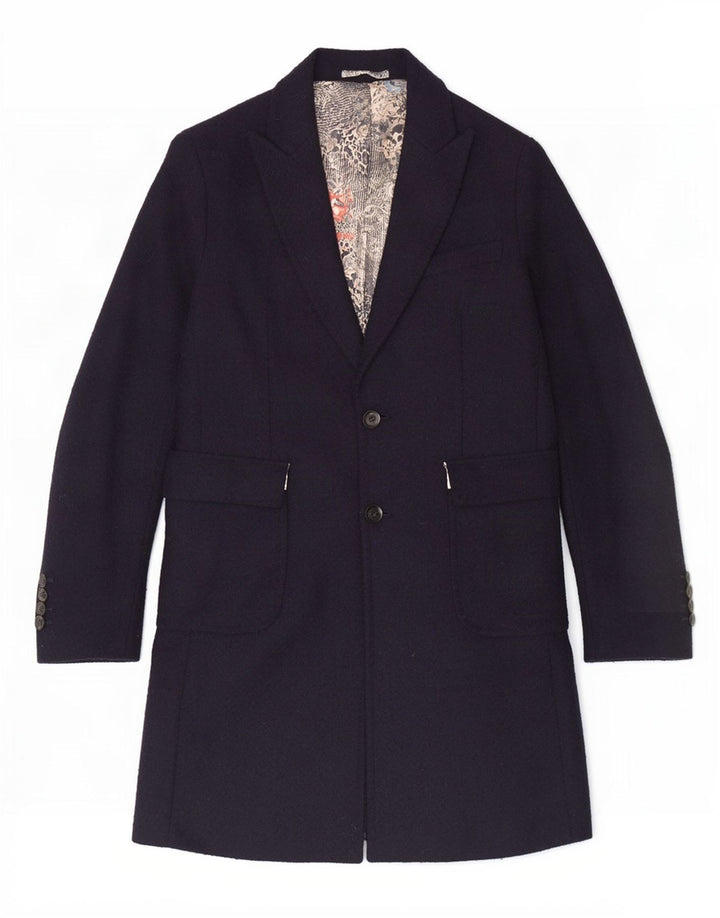 Gianni Feraud Womens Overcoat UK 14 Large Navy Blue Chevron Polyester