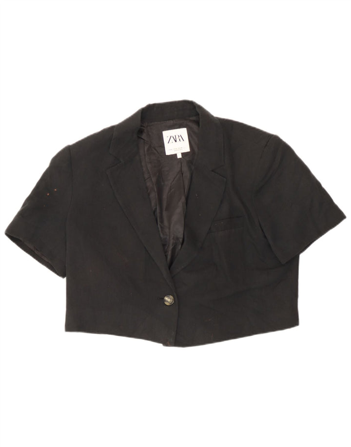 Zara Womens Short Sleeve Bolero Jacket UK 14 Medium Black Linen