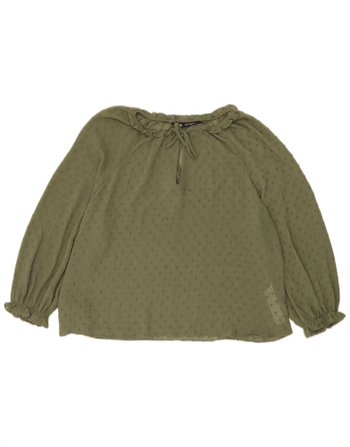 Zara Womens See Through 3/4 Sleeve Blouse Top UK 14 Medium Khaki Spotted