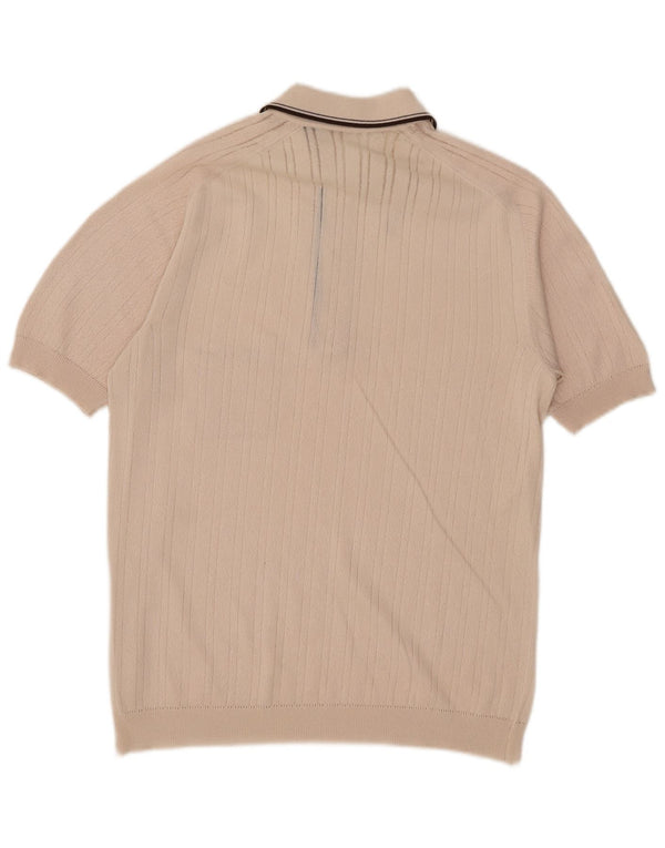 Vintage herre kortærmet polo hals sweater medium beige stribet