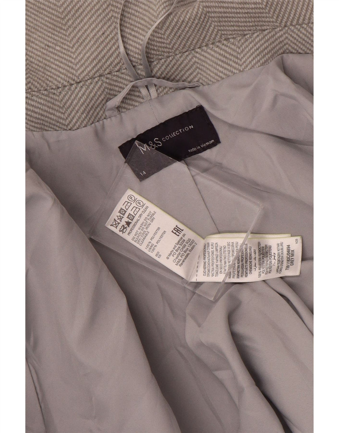 Cappotto da donna Marks & Spencer UK 14 Large Grigio a spina di pesce in poliestere