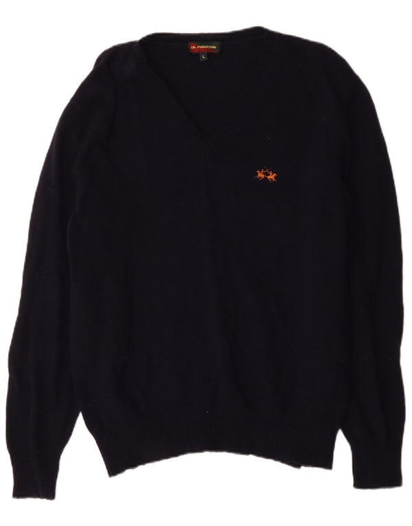 La Martina Herre V-hals trøje Sweater Large Navy Blue Virgin Wool