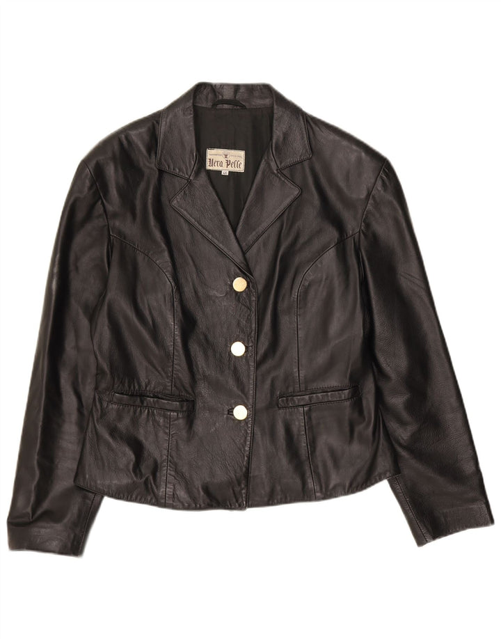 Giacca blazer in pelle vintage da donna a 3 bottoni IT 46 grande in pelle nera