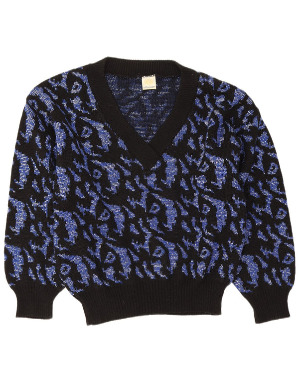 Vintage Womens Abstract Pattern V-Neck Jumper Sweater UK 16 Large Navy Blue