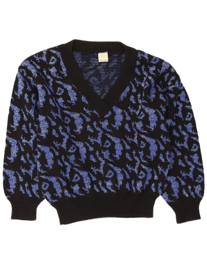 Vintage kvinders abstrakt mønster V-hals sweater UK 16 Large Navy Blue