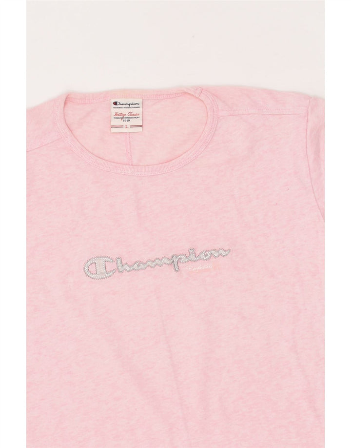 CHAMPION Womens Graphic T-Shirt Top UK 14 Large Pink Cotton | Vintage Champion | Thrift | Second-Hand Champion | Used Clothing | Messina Hembry 
