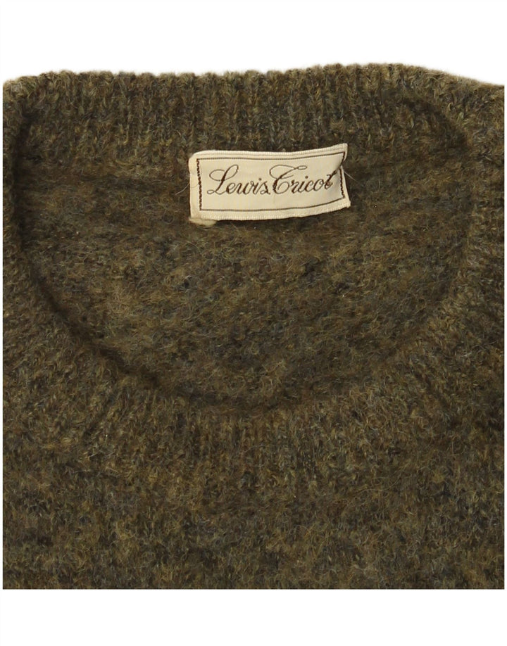 Vintage męski sweter z okrągłym dekoltem, średni khaki argyle/diament