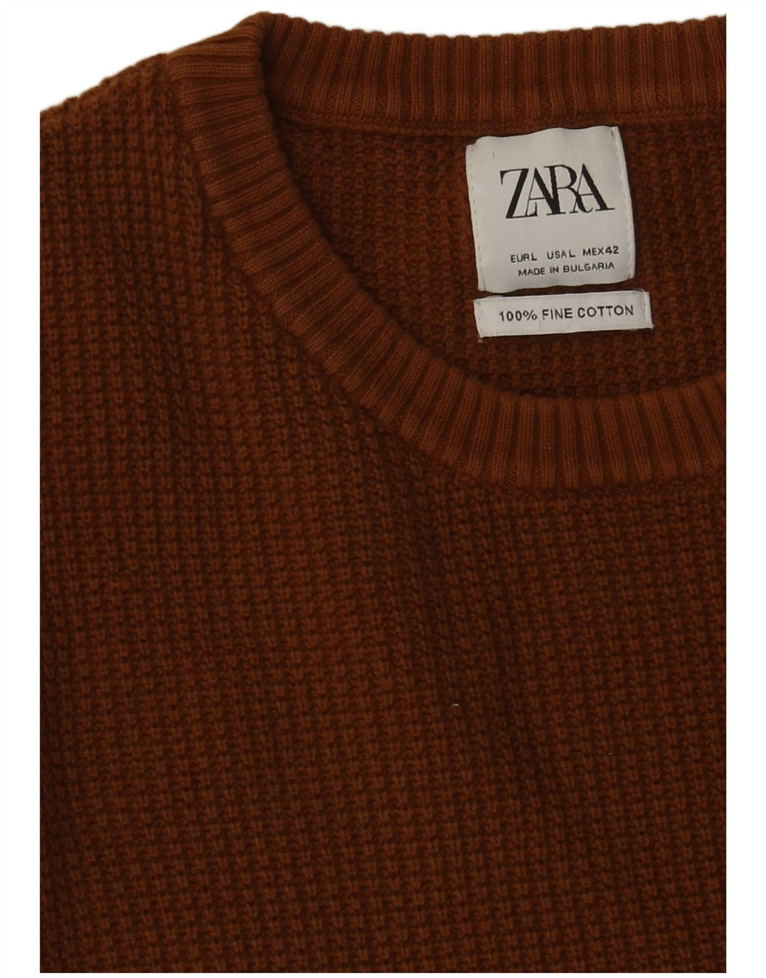 Zara Mens Crew Neck Jumper Sweater Large Brown Cotton