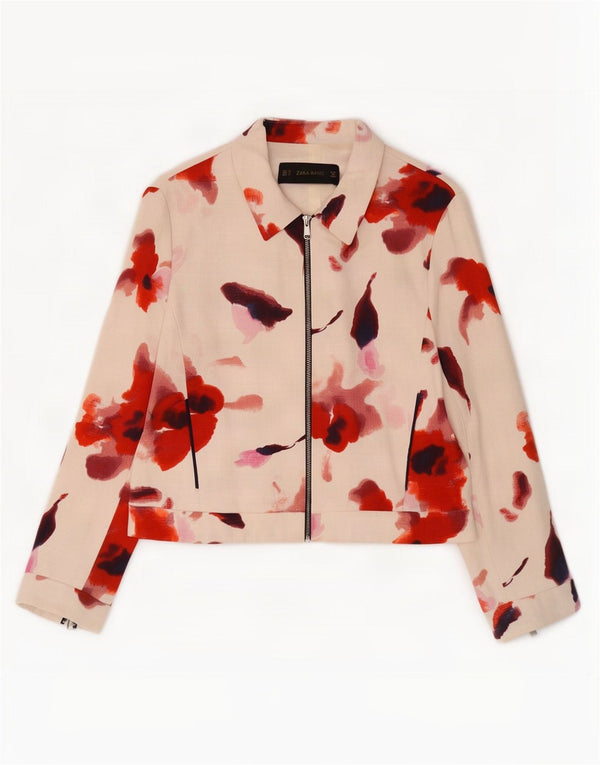 Zara Womens Bomber Jacket UK 18 XL Hvid Blomsterbomuld