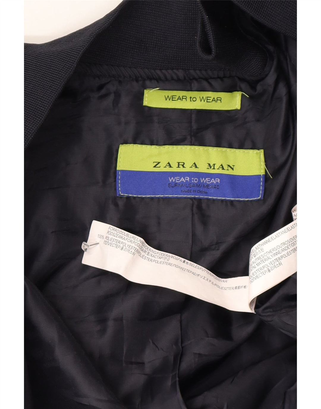 Zara Mens Bomber Jacket UK 38 Medium Navy Blue Polyester