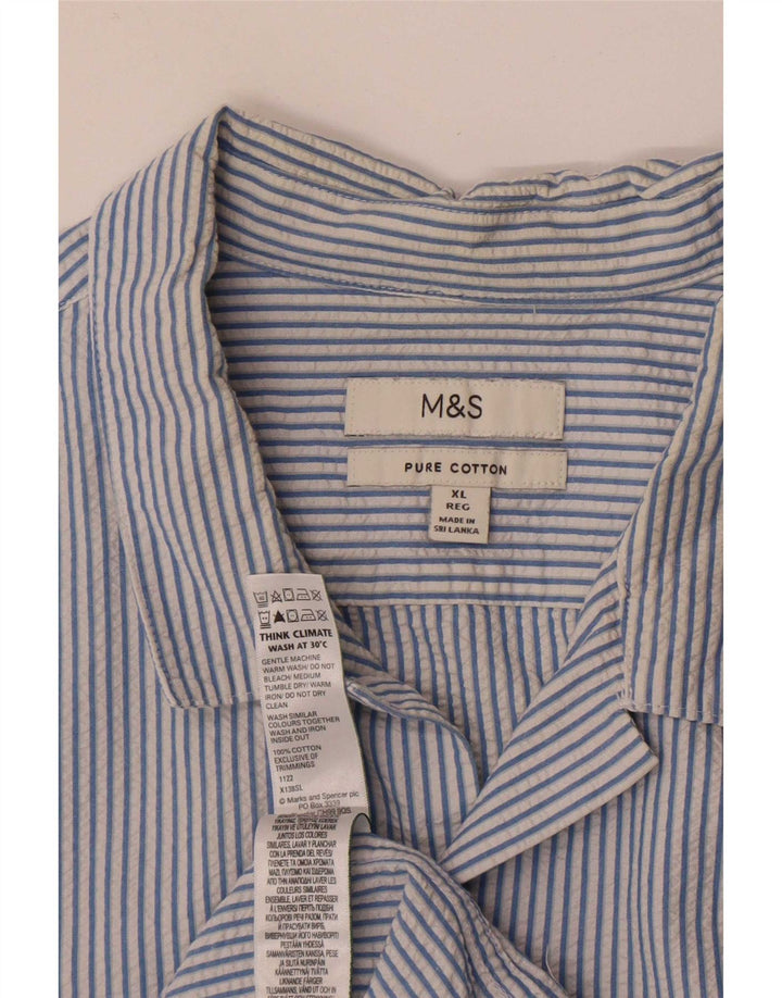 Marks & Spencer Mens Short Sleeve Shirt XL Blue Striped Cotton