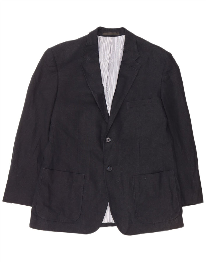 MARKS & SPENCER Giacca blazer da uomo a 2 bottoni UK 42 Grande lino blu navy