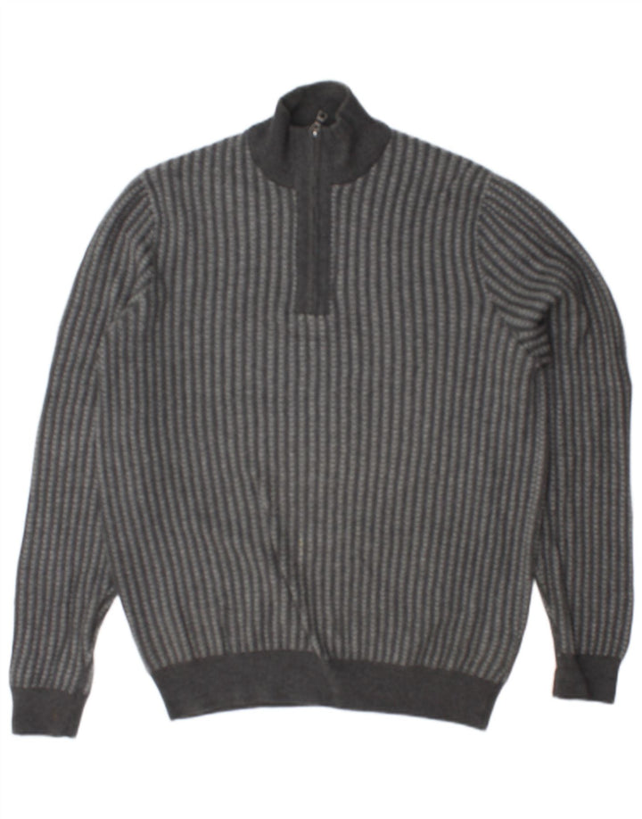 MARKS & SPENCER Mens Zip Neck Jumper Sweater Medium Grey Striped Cotton