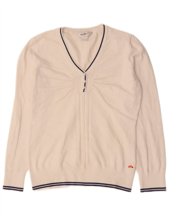 Ellesse Womens V-Neck Jumper Sweater UK 12 Medium White Cotton