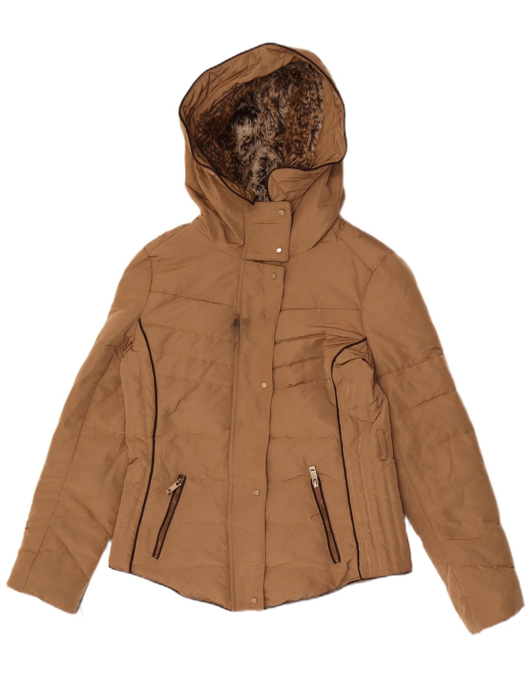 Zara Womens Hooded Padded Jacket UK 14 Large Brown Polyester