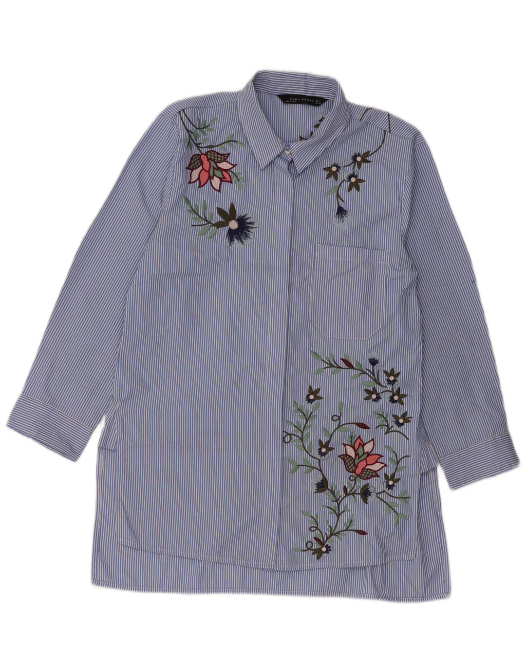 Zara Womens 3/4 Sleeve Shirt UK 12 Medium Blue Pinstripe