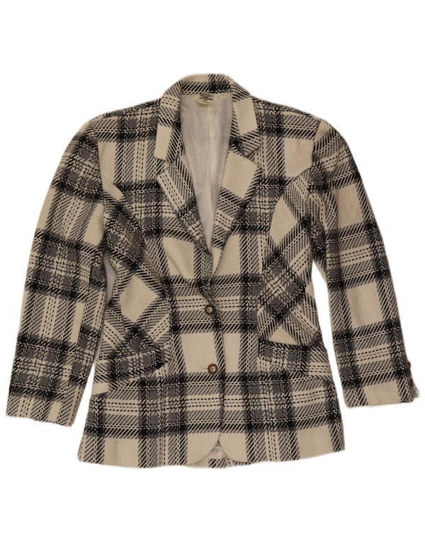 Vintage Womens 2 Button Blazer Jacket UK 12 Medium Off White Plaid Wool