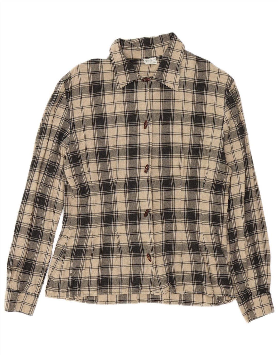 Benetton Womens Shirt IT 44 Medium Beige Plaid Viscose