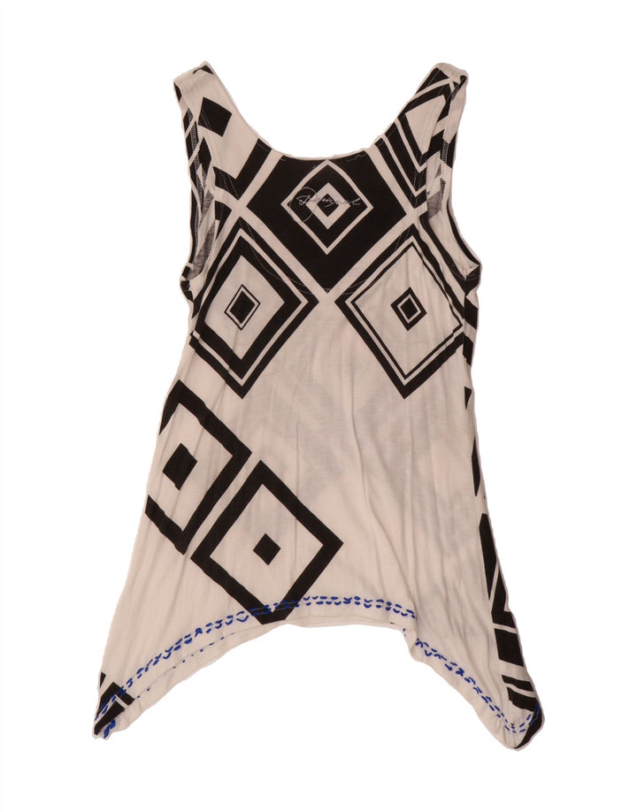 DESIGUAL Womens Asymmetric Tunic Top UK 12 Medium White Geometric Vintage Desigual and Second-Hand Desigual from Messina Hembry 