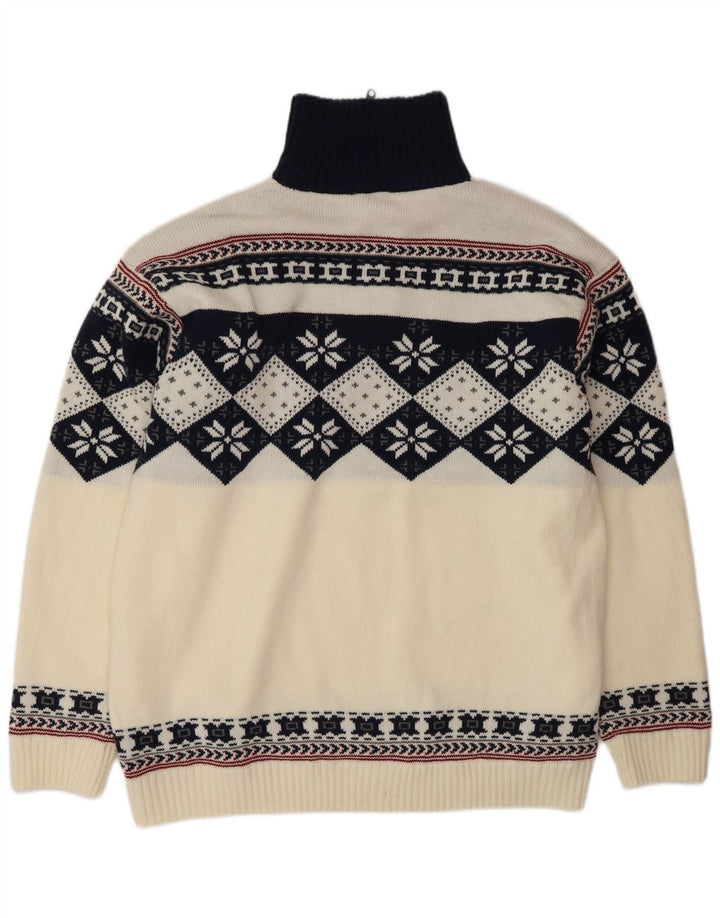 Vintage Mens Zip Neck Jumper Sweater Large White Fair Isle Polyacrylic
