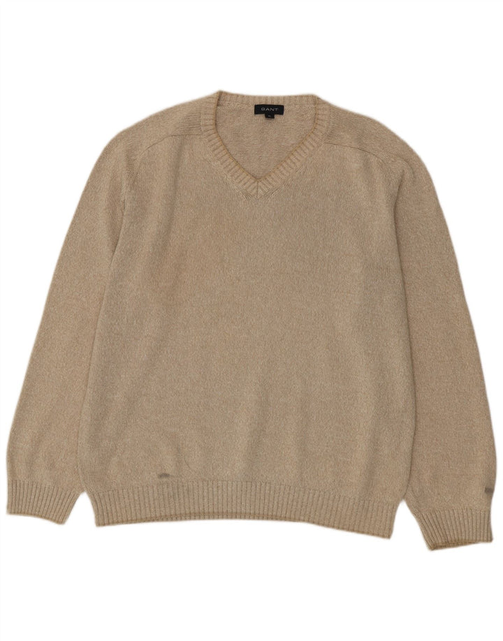 Gant Mens V-Neck Jumper Sweater XL Beige Cotton