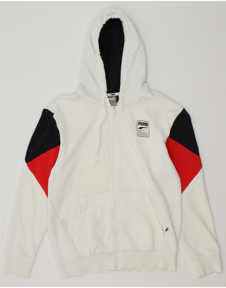 PUMA Mens Zip Hoodie Sweater Small White Colourblock Cotton Vintage Puma and Second-Hand Puma from Messina Hembry 