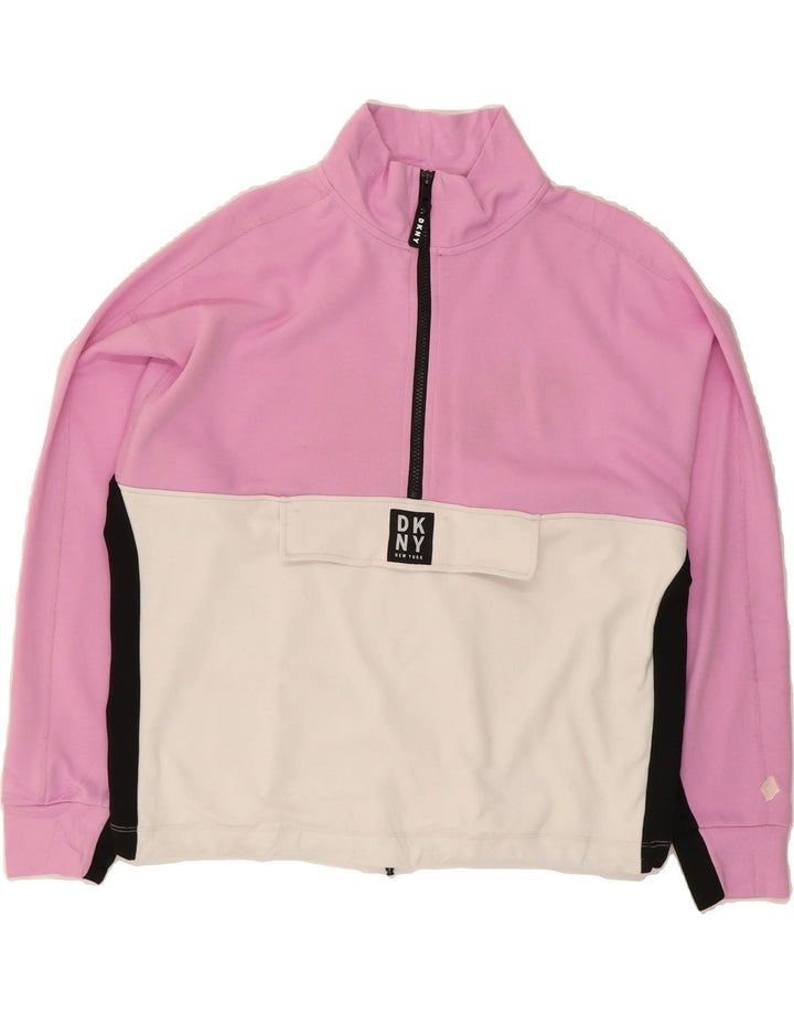 DKNY Womens Oversized Sweatshirt Jumper UK 16 Large Pink Colourblock Vintage Dkny and Second-Hand Dkny from Messina Hembry 