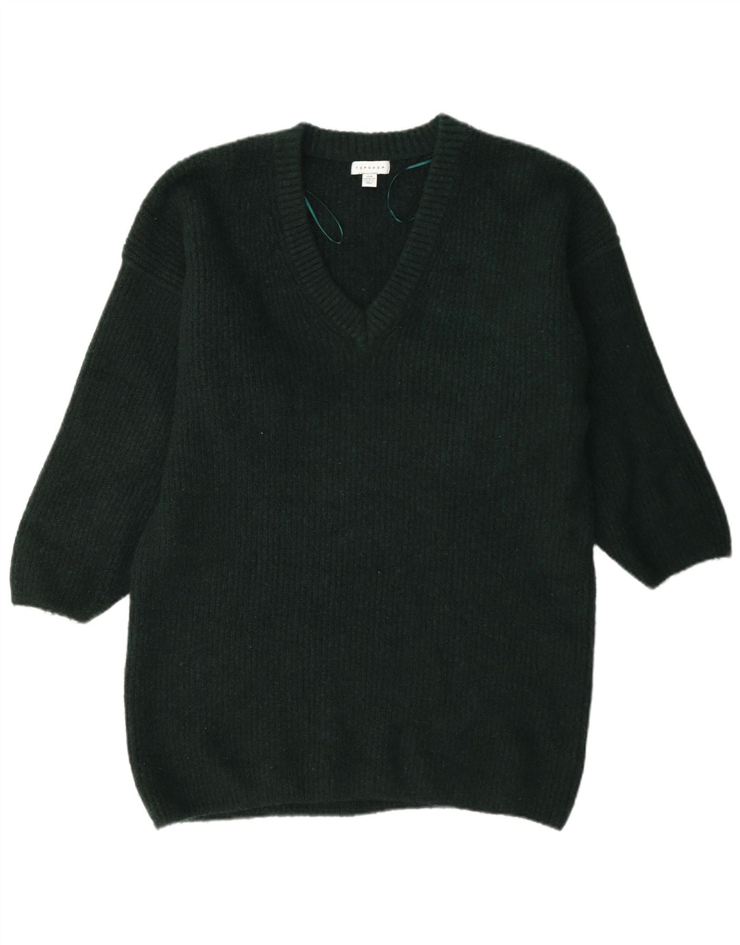 Topshop Womens Longline V-Neck Jumper Sweater UK 14 Medium Green Polyester