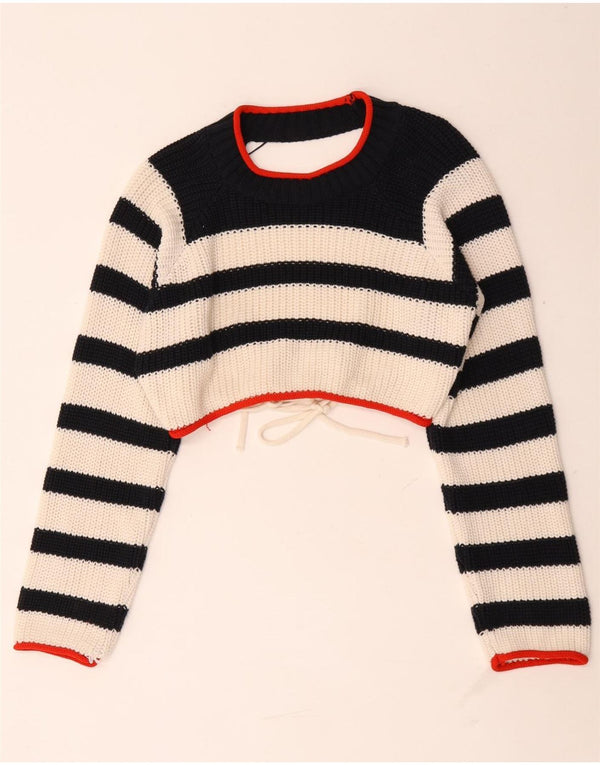 Zara Womens Crop Boat Neck Jumper Sweater UK 14 Medium Sort Stribet