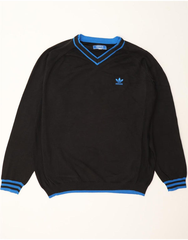 Adidas Mens V-Neck Jumper Sweater XL Black Striped Cotton